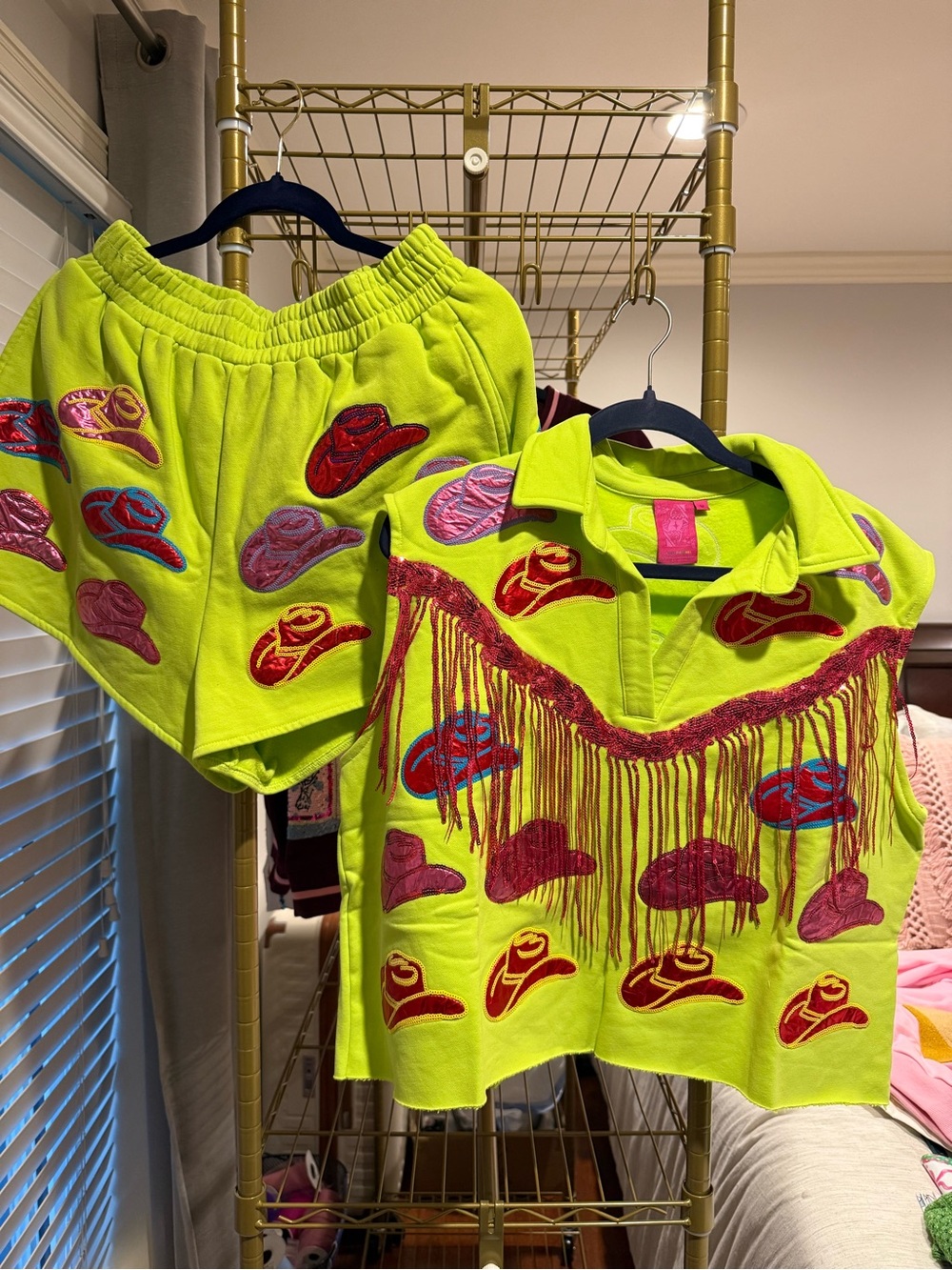 QUEEN OF SPARKLES Neon Lime Fringe Top & Shorts Set with Embroidered Cowboy Hats